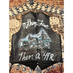 VTG Leather Motorcycle Vest Cut Airbrushed Black Sz 46 Side Lace Panhead Harley
